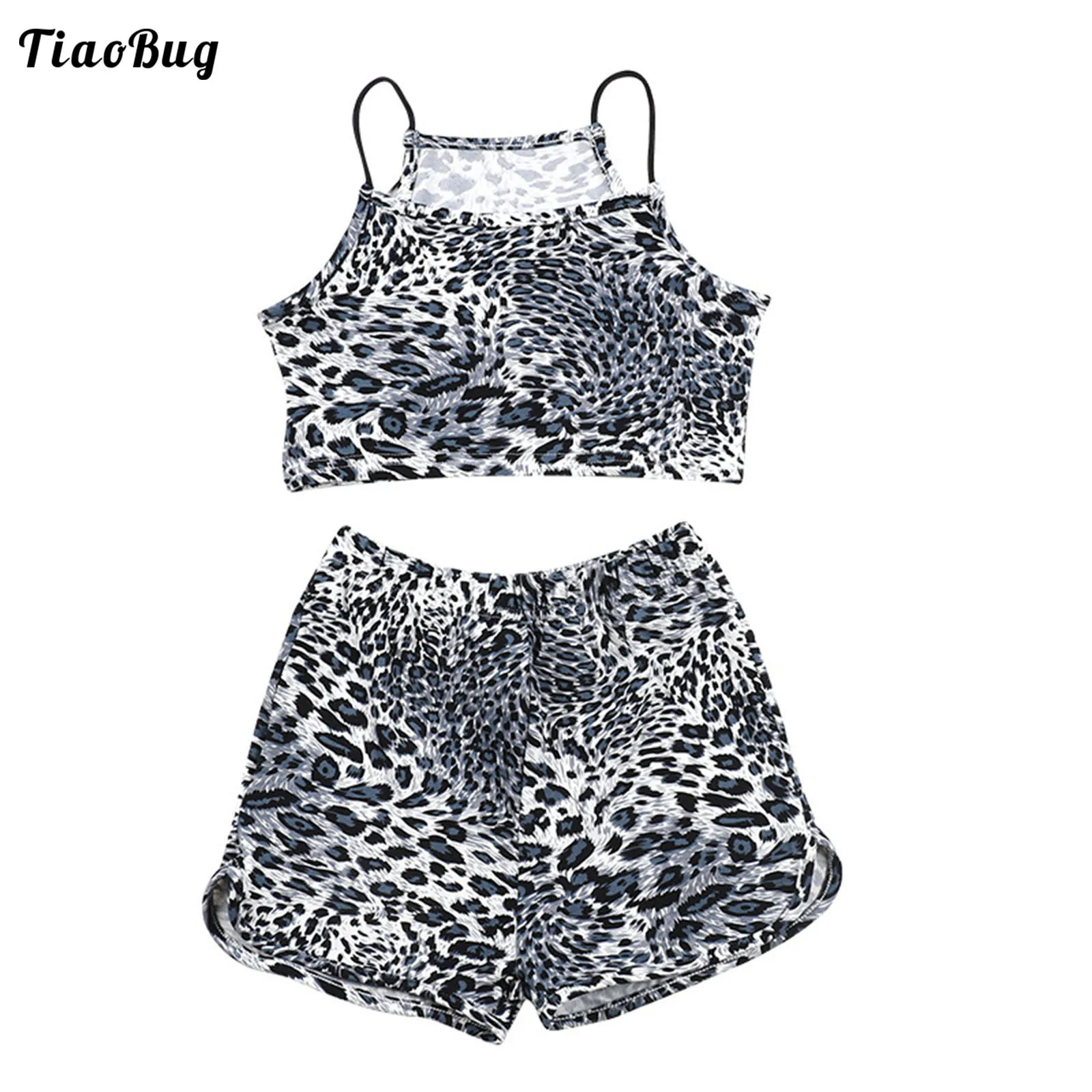 TiaoBug 2Pcs Kids Girls Summer Cute Suit Leopard Print Straps Sleeveless Cropped Tops And Elastic Waistband Shorts Sets