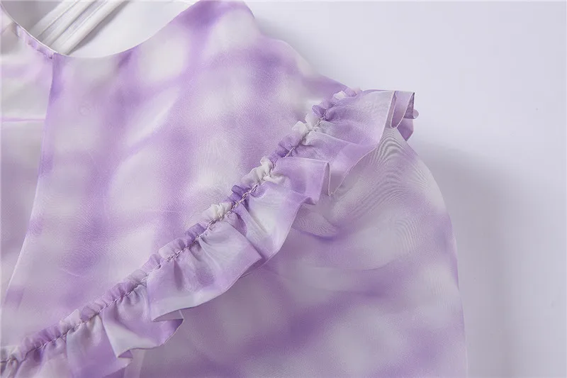 

Modern Runway Dress 2021 Ruffles Turn Down Collar Puff Sleeve See Through Voilet Plaid A line Dress fairy clothes Dropshipping