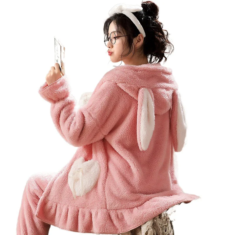 Pajamas Set for Women Winter Flannel Thickened Hooded Rabbit Ears Coral Fleece Women's Worn Home Clothes Homewear Sleepwear