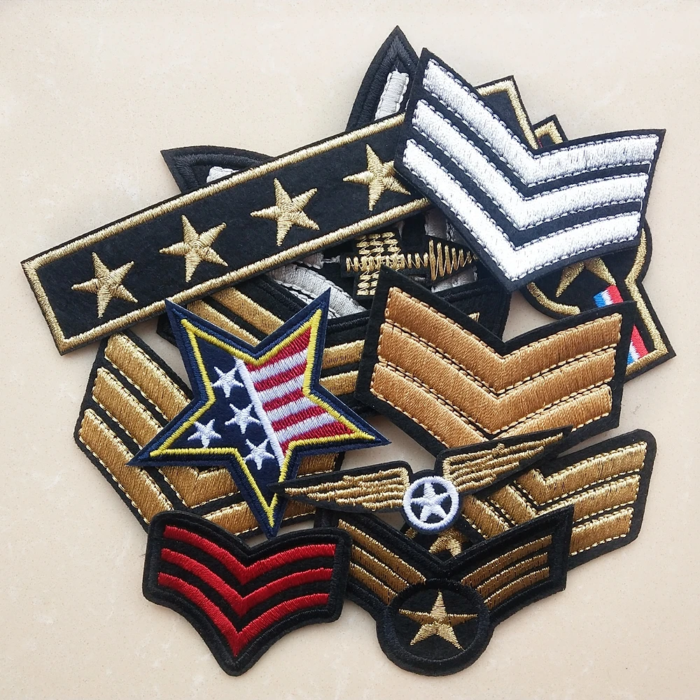 

Golden Shield Star Embroidery Iron on Patches for Clothing Military Stickers Stripes Appliques on Backpack Silver Wing Badges
