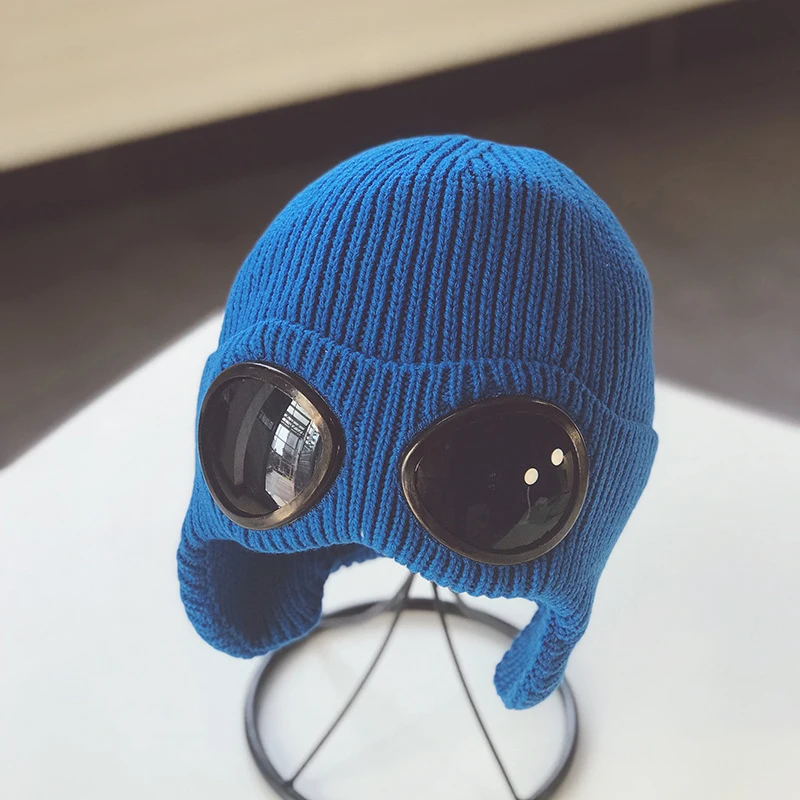 Blue Повседневная зимняя женская вязаная шапочка со съемными очками для женщин и мужчин, Теплые ушанки, шапочки Skullies, лыжная шапка, уличная спортивная шапка - Цвет: Blue