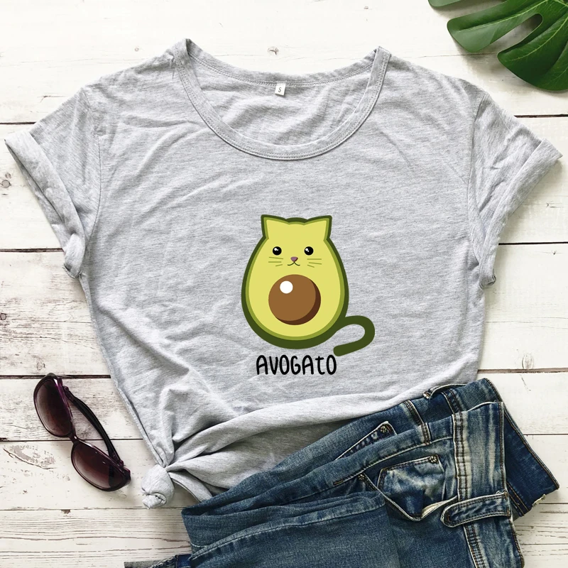 Цветная Вегетарианская футболка Avogato Cat 100% хлопок милая с авокадо смешная Женская