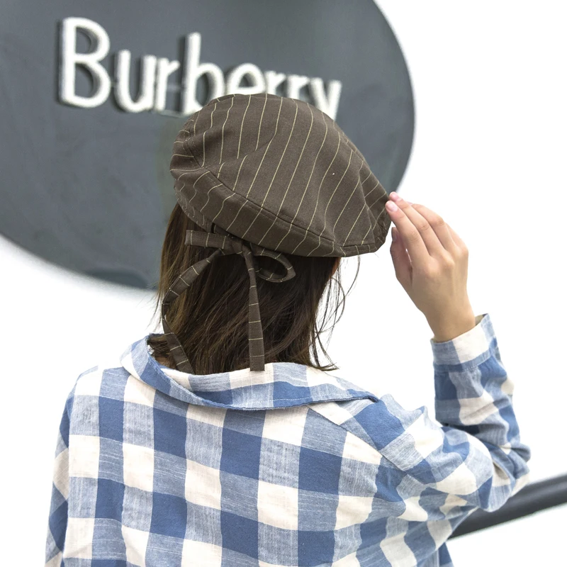 Женский твидовый берет Foux зеленый в полоску с бабочками корейский стиль |