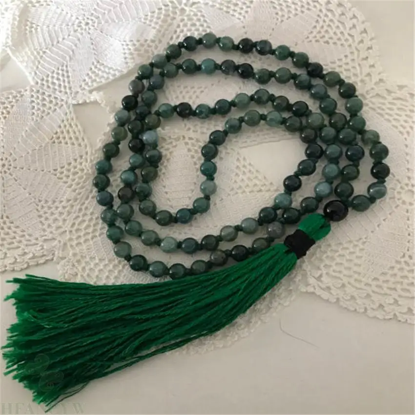 

6 мм, мох, агат, драгоценный камень, 108 бусин, кисточка, ожерелье Mala, исцеляющая цепочка монах, буддизм, кисточка, рейки, естественные, благоскл...