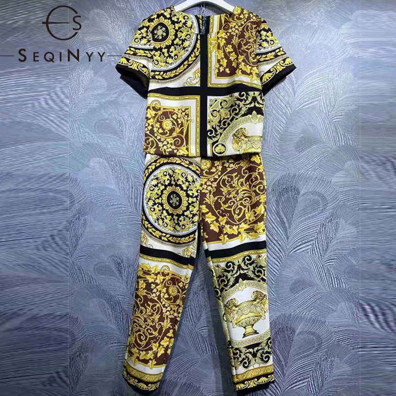 

SEQINYY Elegant Suit Summer Spring New Fashion Design Women Runway Short Sleeve Top + Midi Pants Slim Vintage Flowers Print