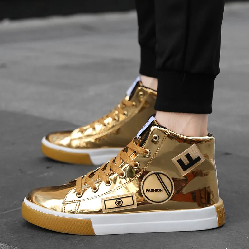 

Men Shoes Fashiona Patent Leather Sneakers High Tops Gold Silver Hip Hop Boots Glossy Lighted Brand Designer Shoes Flats Size 46