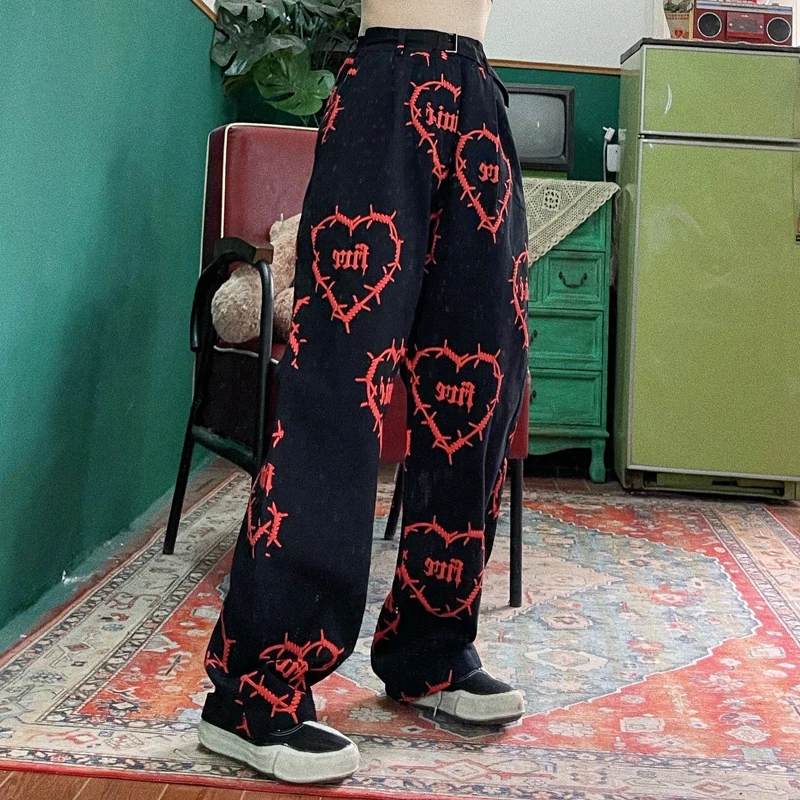Женские брюки в стиле Харадзюку повседневные Прямые бойфренда с принтом темных