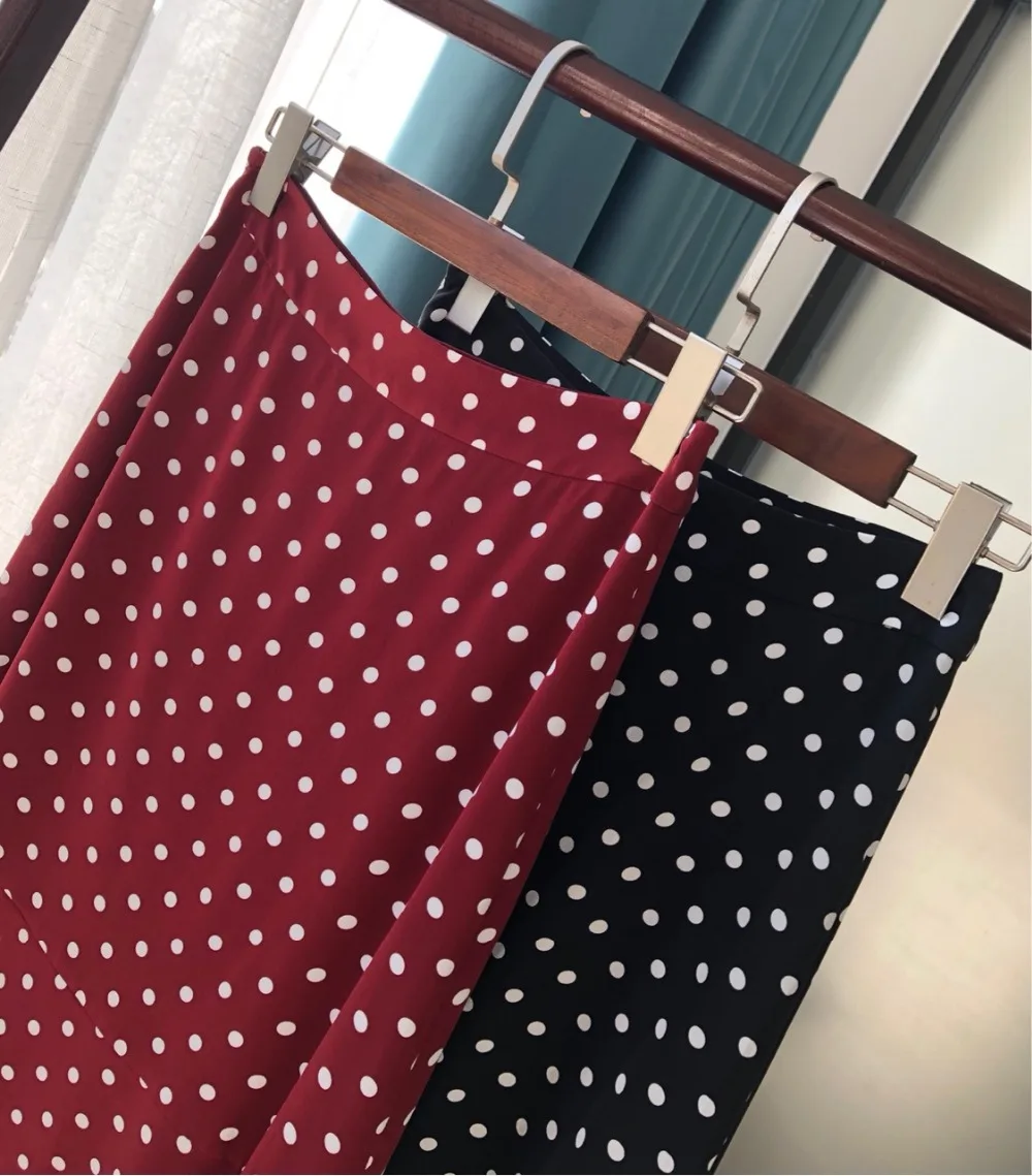 

100% Silk Polka-dot Women's fishtail Midi skirts Early autumn Slim pack hip soft ladies long skirts sexy holiday casual