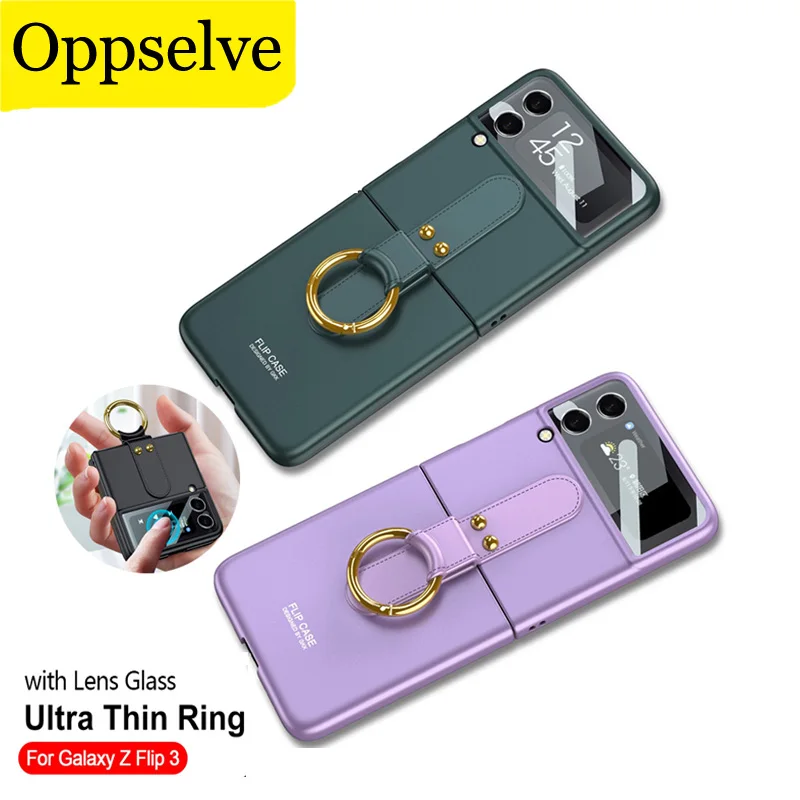 

Fashion Slim PC Case For Samsung Galaxy Z Flip 3 5G Membrane Integrated Protective Sleeve Capa Shockproof Cover with Finger Ring