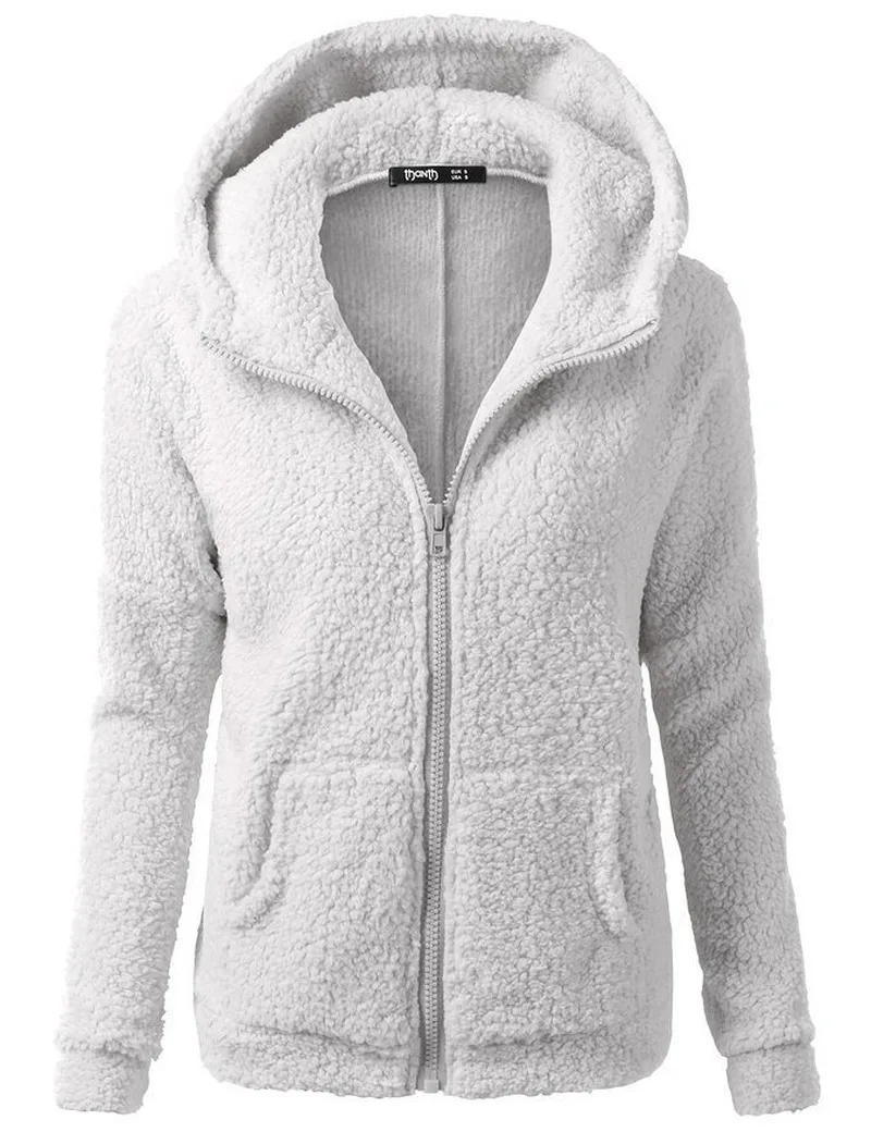 

Women Fleece Teddy Jackets Zipper Solid Pocket Thick Hooded Jackets Coat Winter Warm Wool Zip-Up Cotton Coat Outwear Femme