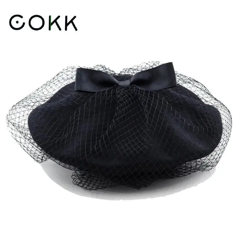 Женские шапки COKK Зимний берет Элегантная черная сетчатая женская шапка с бантом