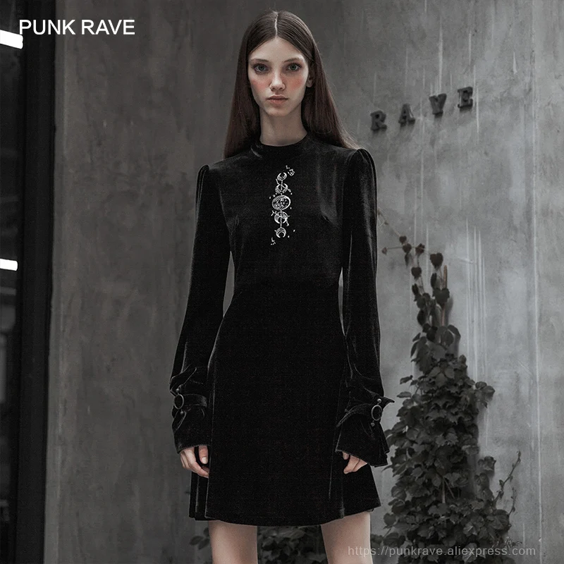 Женское вельветовое платье с вышивкой в стиле панк готическое трапециевидной