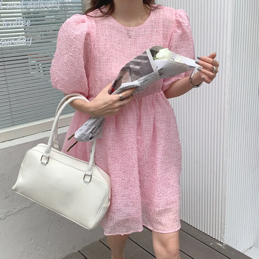 

One Piece Pink Princess Dresses For Women Summer Short Sleeve Chic Streetwear Mini Dress Sexy Puff Sleeve Slim Prom Femme Dress