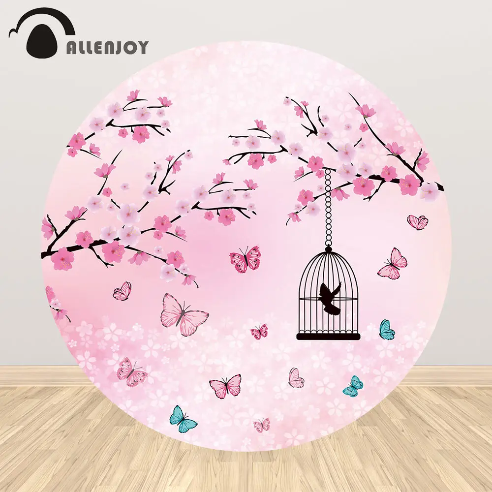 

Allenjoy Spring Pink Pastel Peach Flower Round Photography Backdrop Butterfly Bokeh Photocall Baby Shower Birthday Wall Decor