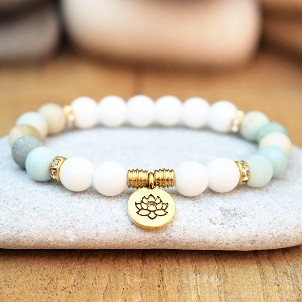Wholesale Matta Amazonite Yoga Bracelet Set White Shell Beads Lotus Charm Energy Balance Meditation