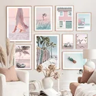 Розовая пляжная доска для серфинга, качели, ананас, настенная Картина на холсте, скандинавские постеры и принты, настенные картины для декора гостиной