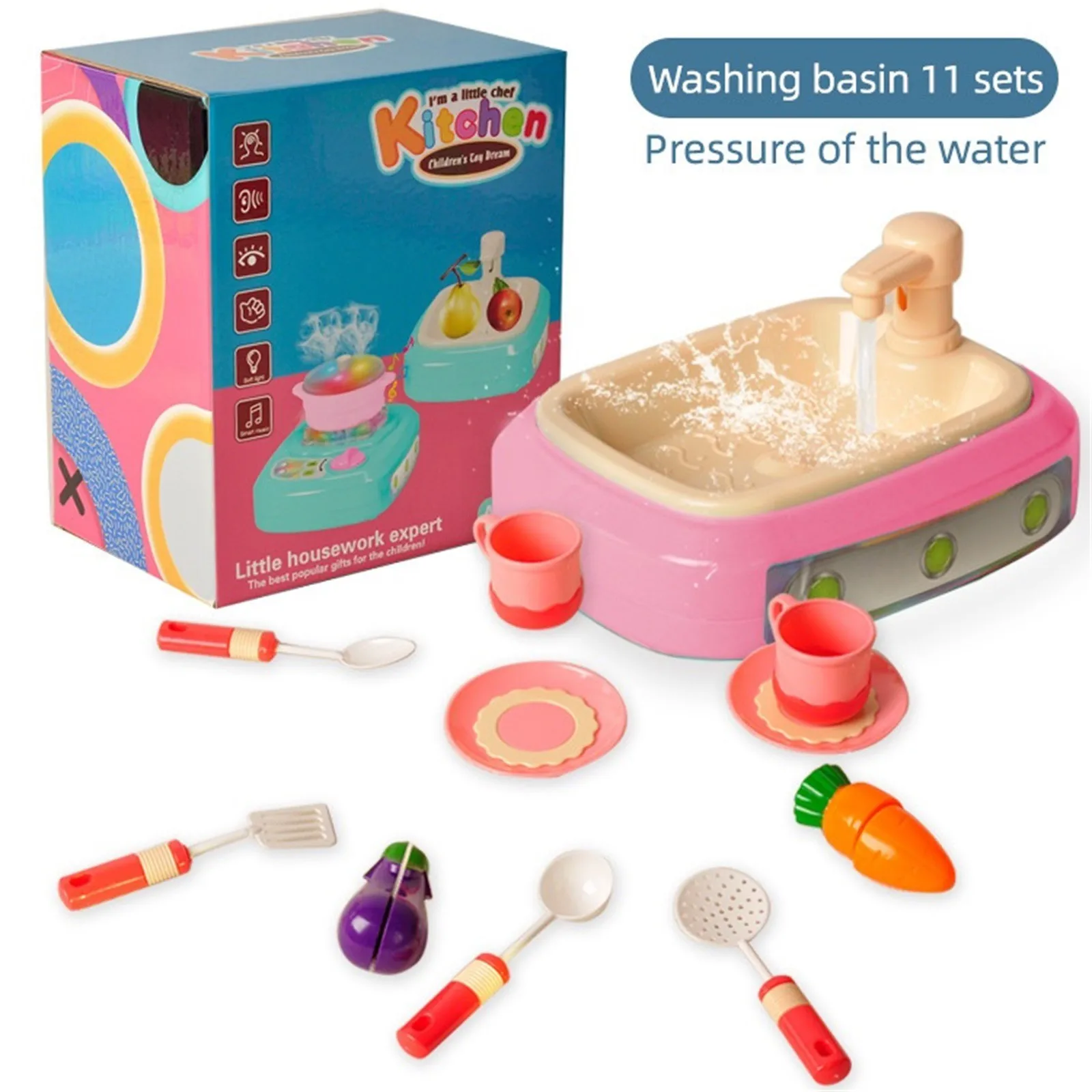 

Play Kitchen Sink Toys with Upgraded Real Faucet Play Cooking Stove Cookware Pot Pan Play Food Dishes Accessories Kids Baby Toys