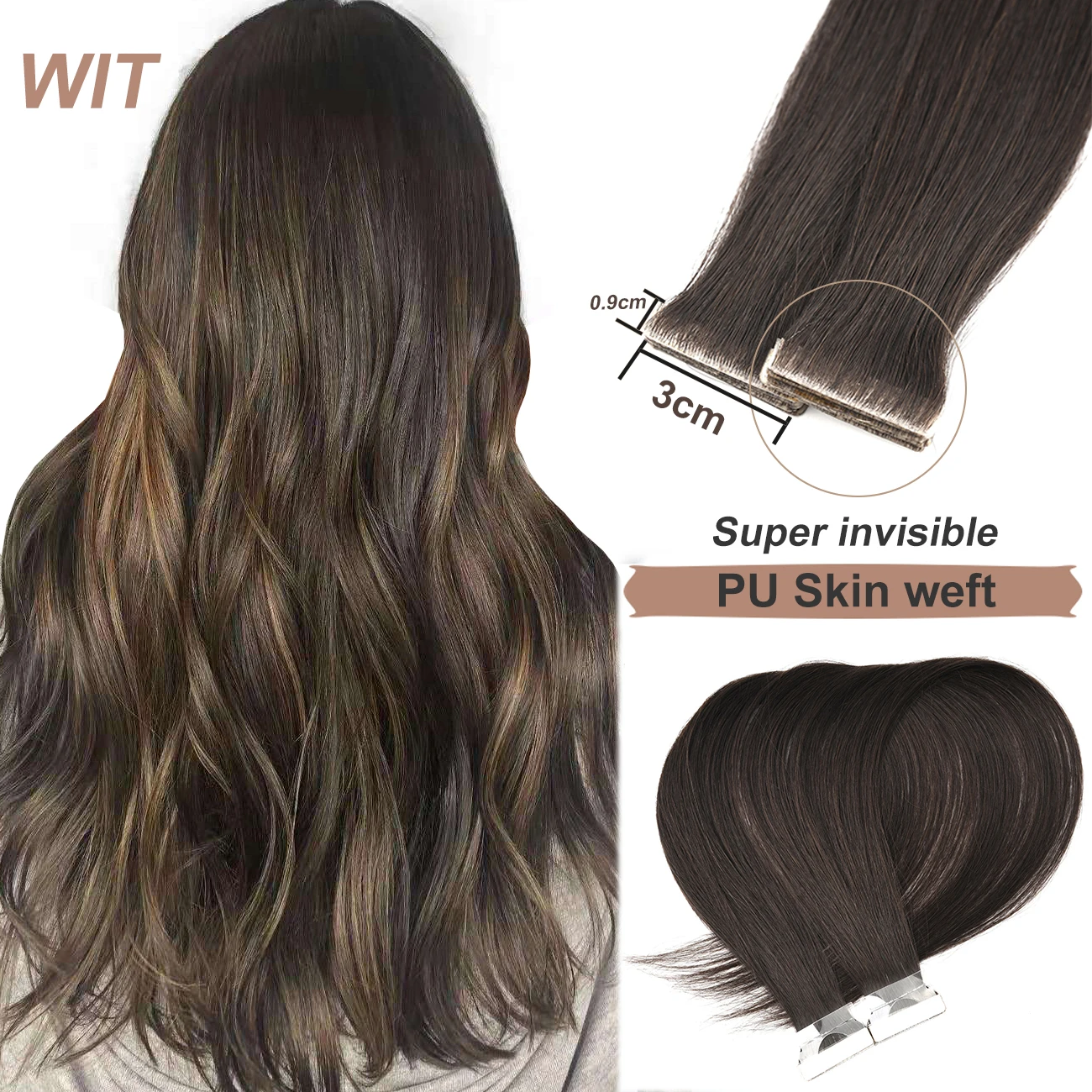 WIT PU Skin Weft Hand Tied Invisible Tape In Adhesives Remy Human Hair Extensions for black brown Fast Shipping 22
