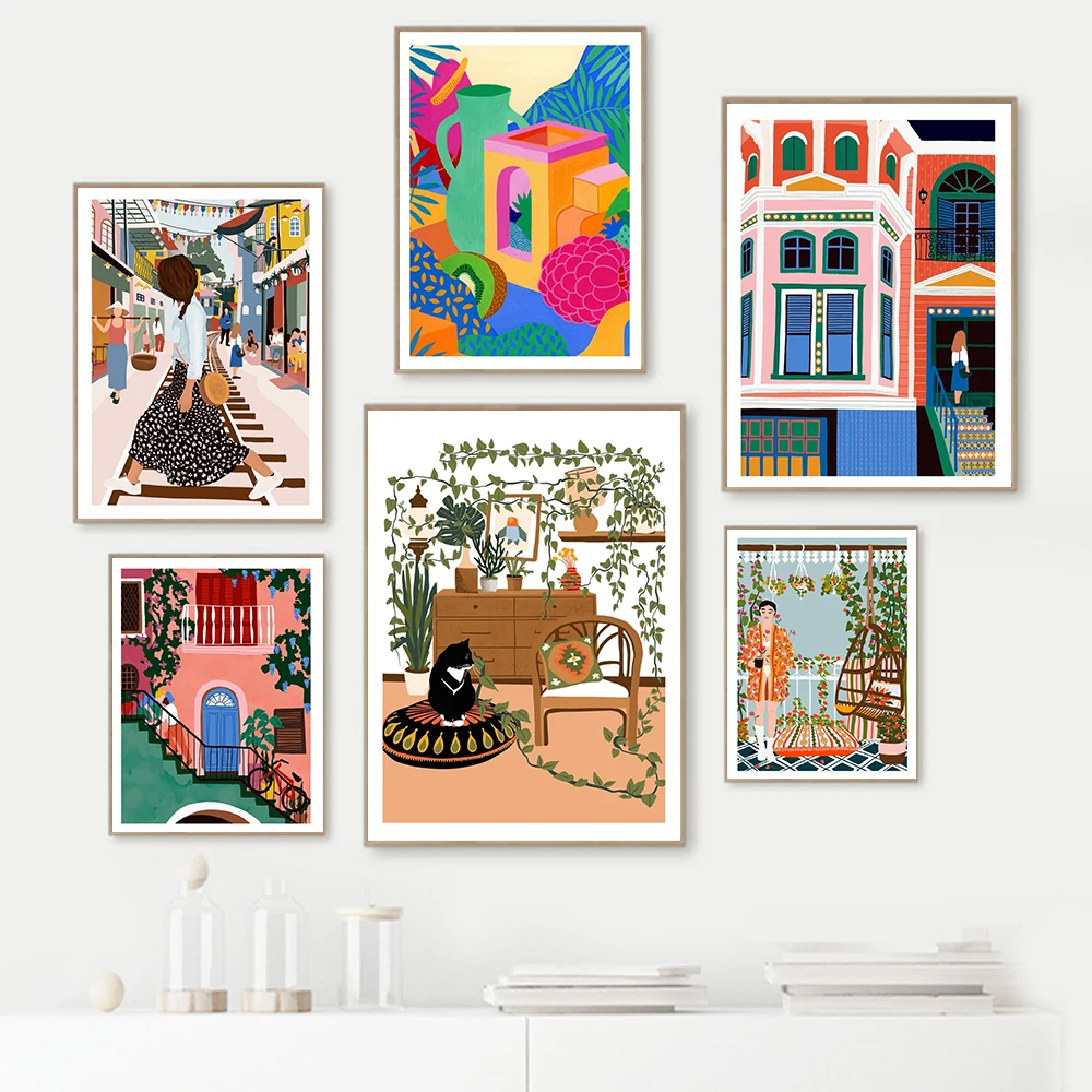 

Moroccan Abstract Fashion Girl Poster Print Nordic Colorful Plants Canvas Painting Wall Art Pictures For Livingroom Unique Decor