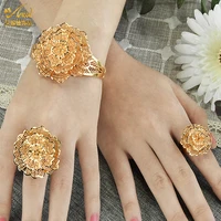 dubai big bracelets cuff bangles ring gold plated flower design bridal wedding copper jewelry for women wedding gift