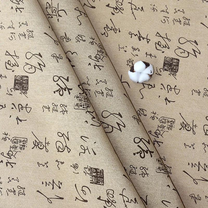 Ткань с принтом китайских символов на хлопково-льняной основе, этнический стиль каллиграфической живописи для самостоятельного пошива скатерти и одежды.