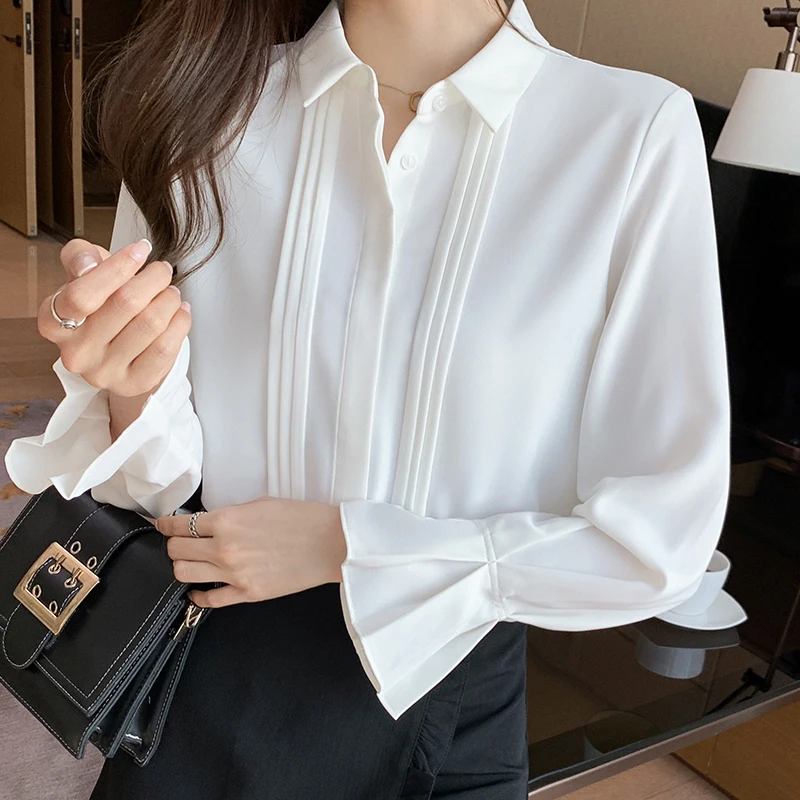 

COIGARSAM Preppy Style Full Sleeve Shirt Womens tops New Spring Chiffon Looselt Women shirts White 8320