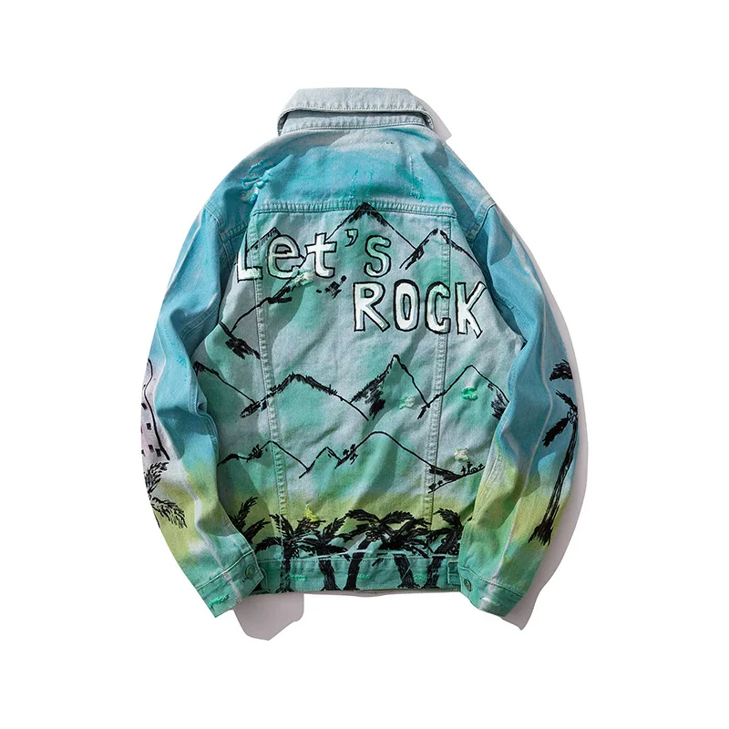

Fashion Hipster Men's Ripped Loose Denim Jacket Gradient Color Jean Coats Male Autumn Hip Hop City Pattern Print Cowboys Jackets