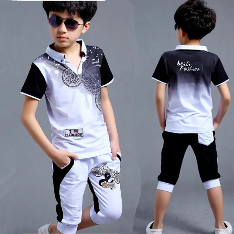 5-16T Boy Fashion Casual Sport Suit Clothing Set Motorcycle Print Short Sleeve Knitted Children Teens Clothes 2021 Summer New |