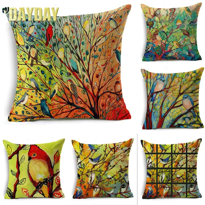 

Flower and Bird Waist Hugging Pillow Cover Pure Cotton Linen Cushion Cover Decorative Pillow Car Sofa Household Cojines 45*45