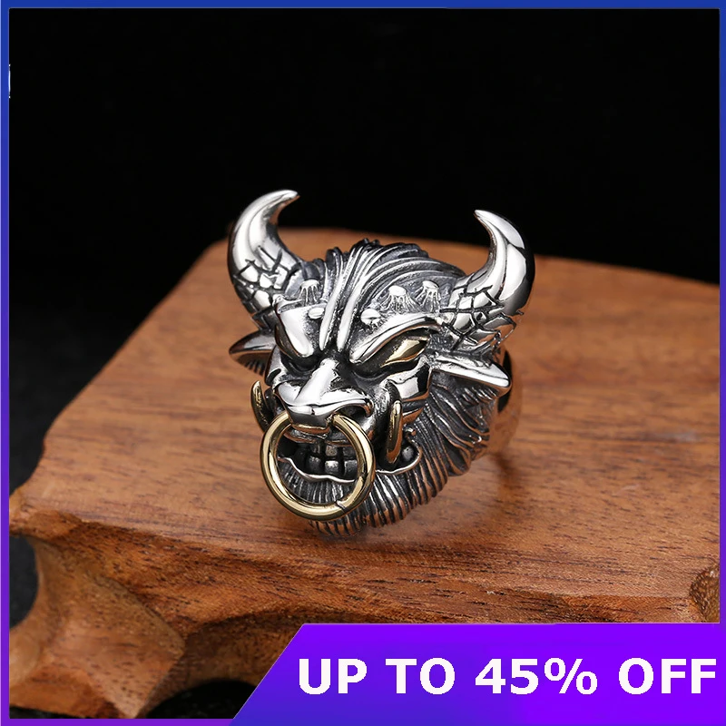 Cool Bull Head Opening Pure 925 Sterling Silver Fashion Vintage Gift Women Men Adjustable Wedding Ring Fine Jewelry 2021 New