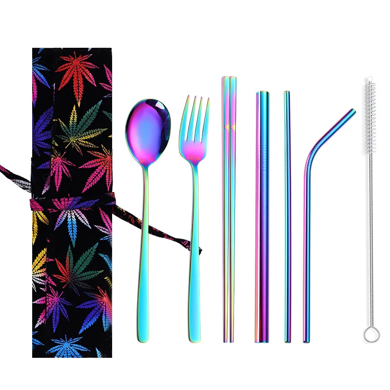 fy 8cutlery set Новинка 2019New портативные столовые приборы из нержавеющей стали набор столовых приборов корейские палочки вилка ложка металлическая соломинка Портативная сумка для путешествий столовые приборы - Цвет: fy 8cutlery set