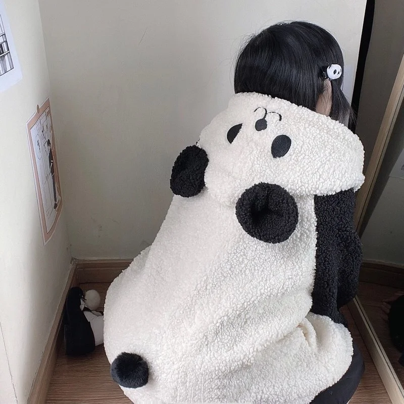 

QWEEK Autumn Winter Kawaii Hoodie Women Panda Ears Sweatshirt Oversized 2021 Fashion Cute Tops Warm Patchwork Button Up Coat