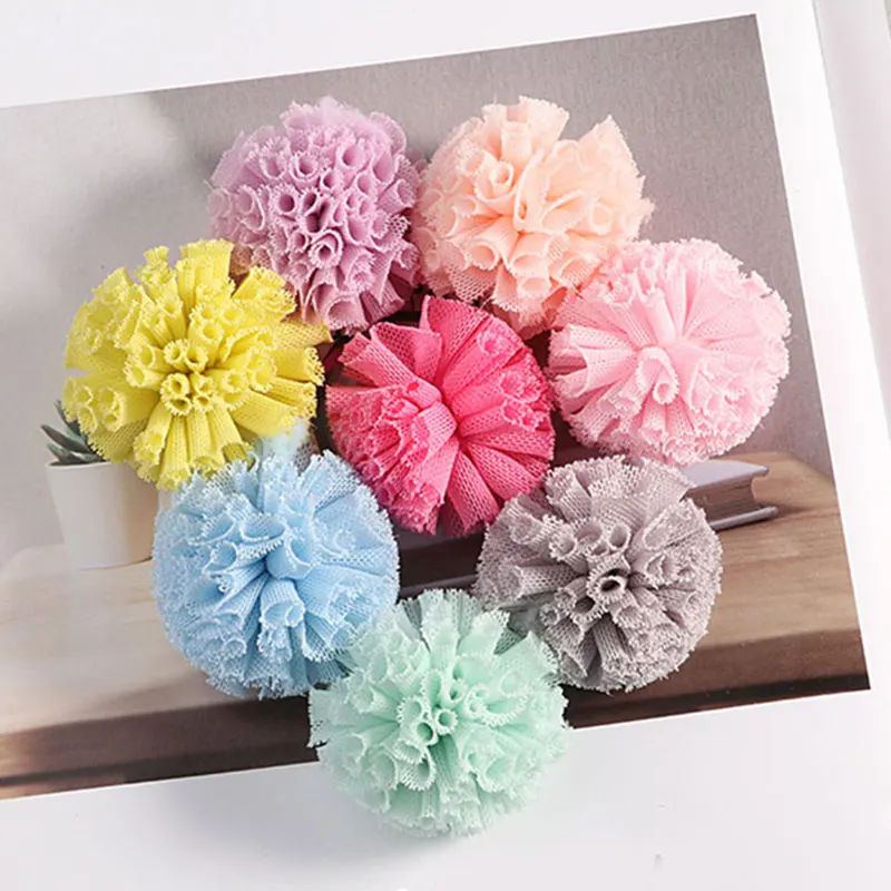 

Flower Pompoms Craft DIY 5Pcs Solid Color 40mm Lace Gauze Elastic Flower Balls For Head Hair Wedding Dress Sew Accessory