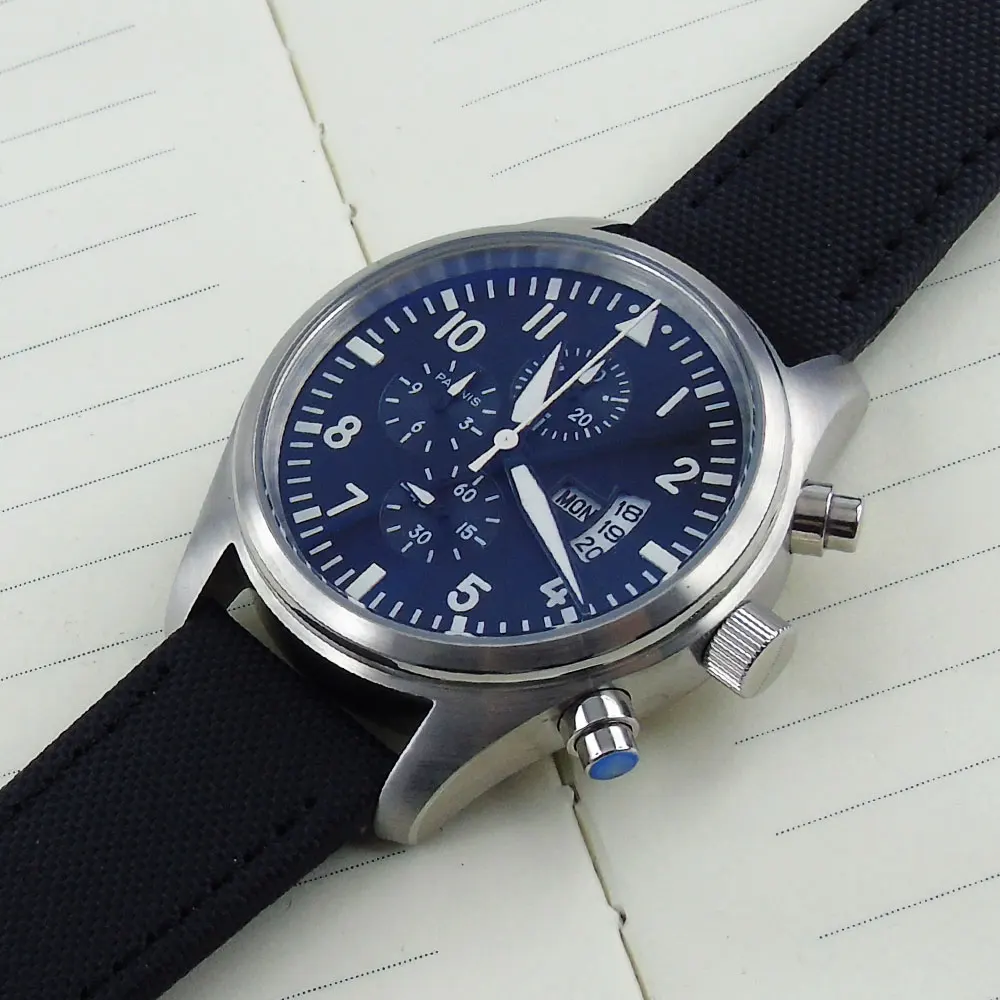 

42mm Full Chronograph Quartz Men's Wristwatch Blue Dial week display Auto Date Calendar seconds dial watch