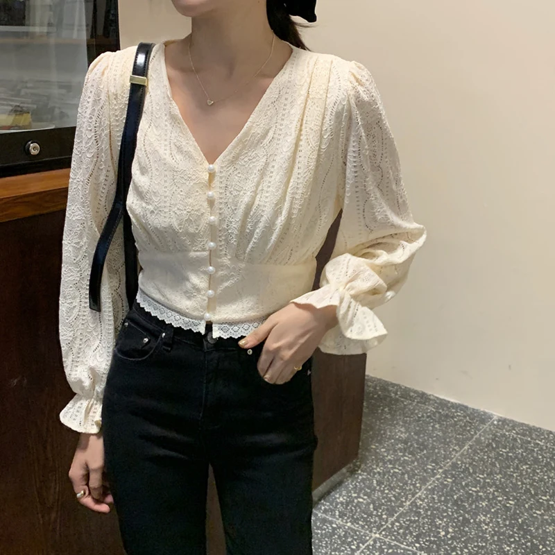 

Alien Kitty Korean V-Neck Lace Vintage 2021 Loose High Quality Retro Fashion Women Chic Hot All Match Casual Tops Blouses