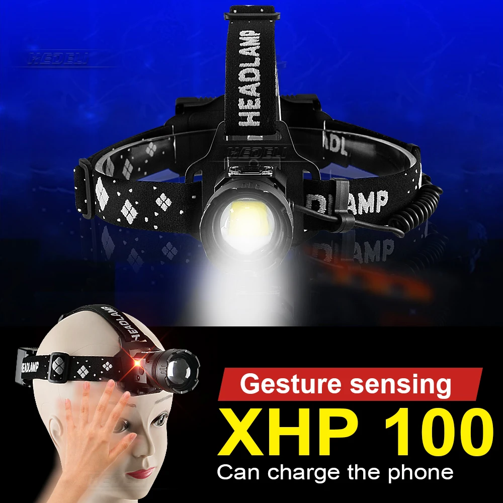 

New xhp100 IR Sensor LED Headlamp 18650 usb rechargeable headlight powerful waterproof Fishing head flashlights Torch lanterna