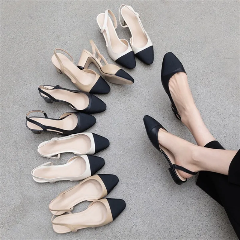 

Low Heels Real Leather Slingbacks Shoes Women Square Toe Pumps Thick Heel Shoes Brand Design Lady Footwear 2021 Size 42