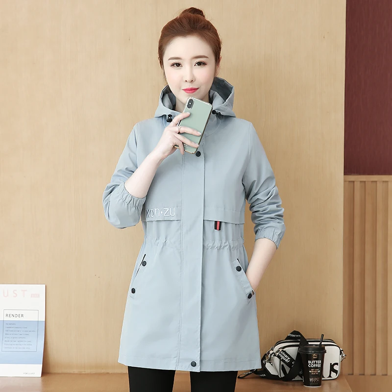 

Свободная ветровка с капюшоном для женщин средней длины, новинка 2020, модный весенне-осенний корейский Повседневный тренчкот, женские дикие ...