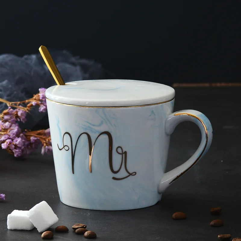Cup lid spoon(Blue)1 Мраморная керамика в европейском стиле кружка с позолоченными краями офисная кружка чашка для молока подарочный набор кофе для пары красивая кружка - Цвет: Cup lid spoon(Blue)1