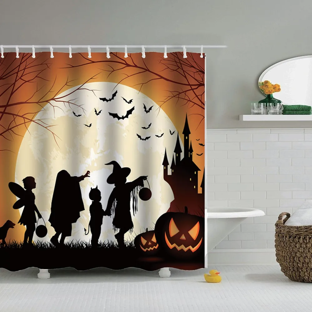 

Dafield Halloween Shower Curtain Horror Bloody Hands Handprint Pumpkin Scary Bath With Hooks