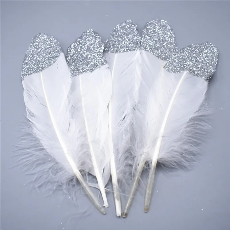 

2018 Hot Sale Glitter Gold silver Dipped Natural White Duck Goose Feathers Decor Feathers for crafts Wedding Decoration plume