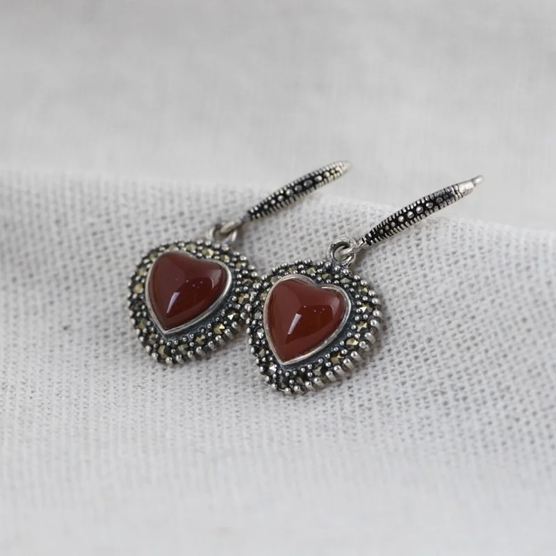 

FNJ Heart Drop Earrings 925 Silver Original Pure S925 Sterling Silver Earring for Women Jewelry Natural Red Agate