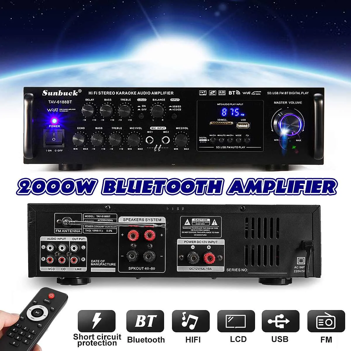 Мощность Full 2000 Вт 110 В 220 в bluetooth 4 Ом стерео аудио Мощность HiFi усилитель для караоке+ RC Поддержка 2 микрофона FM Усилитель мощности
