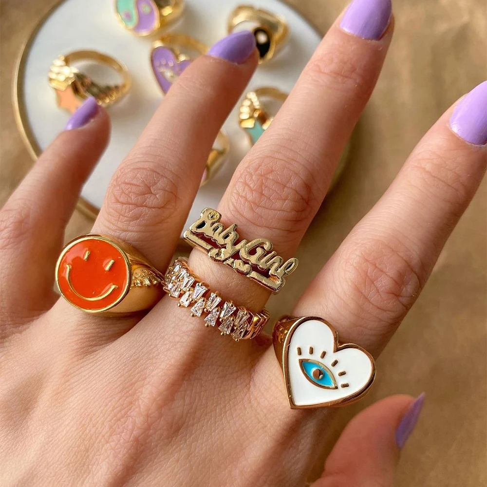 Aesthetic Colorful Evil Eyes Love Heart Rings for Women Sweet Sunflower Drip Oil Enamel Metal Gold Finger Couple Jewelry | Украшения и
