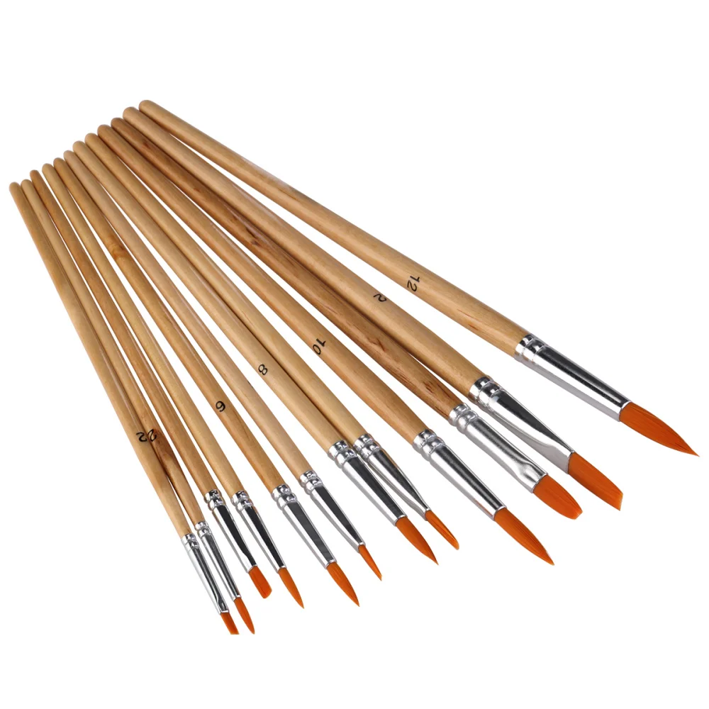 

12pcs Nylon Hair Paint Brush Set Artist Watercolor Acrylic Oil Painting Supplies Round Pointed Tip & Flat Nylon Hair