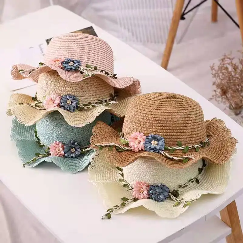 

Kids Straw Hat Children Cute Pink Flowers Wave Brim Spring Outdoor Sun-proof Travel Beach Girls Sun Hat