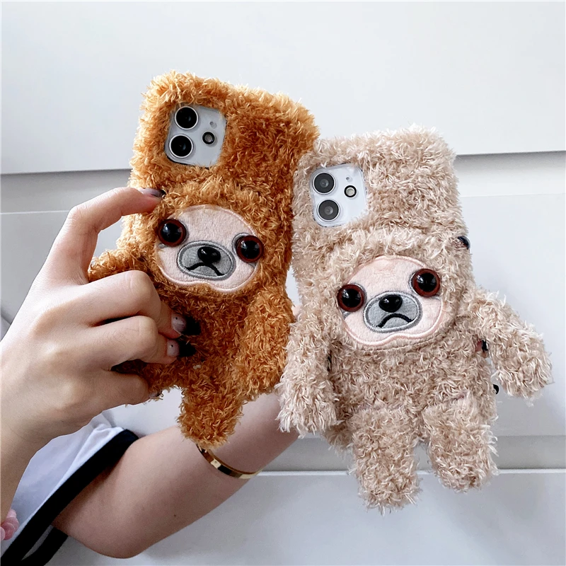 Funny Plush cartoon 3D cute sloth winter hand warmer silicon phone case for iphone 11 Pro Max Xs Xr 7 8 Plus X 12 13 furry cover