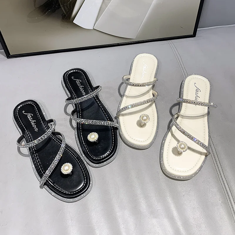 

Slippers Casual Female Shoes Glitter Slides Rubber Flip Flops Luxury 2021 Jelly Hawaiian Summer Flat Crystal Fashion Basic PU
