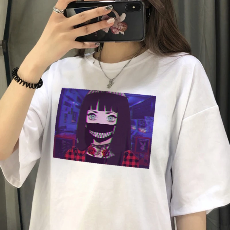 

Хана Ангел японское аниме футболка с принтом женская рубашка ins Харадзюку темный черный мультфильм женская летняя новая свободная футболка...