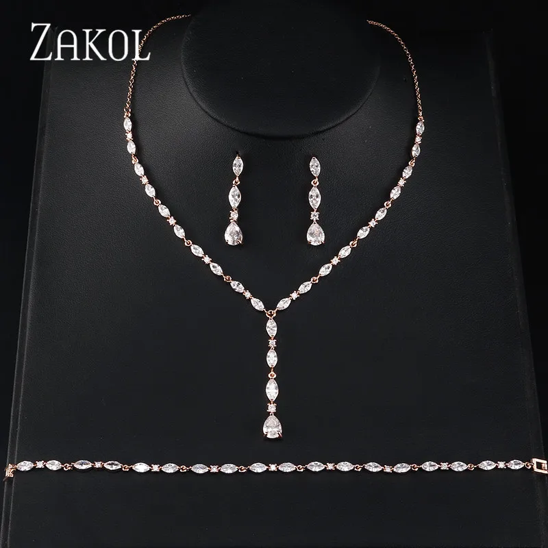 ZAKOL блестящие серьги с кристаллами циркония, ожерелье, браслеты, 3 шт. набор украшений для женщин, аксессуары к свадебному платью FSSP412